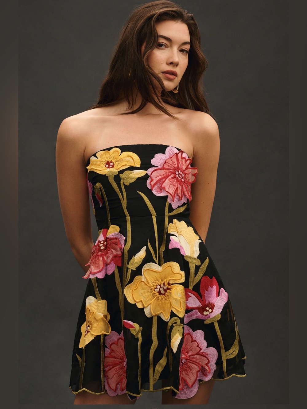 By Anthropologie Strapless Floral Organza Mini Dress.